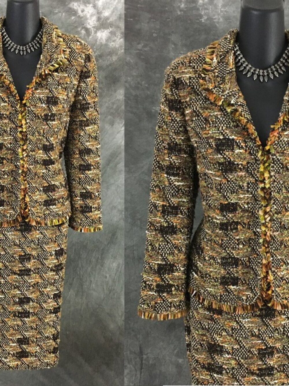 BEAUTIFUL St John knit green brown orange fringe multi jacket skirt suit 8 10